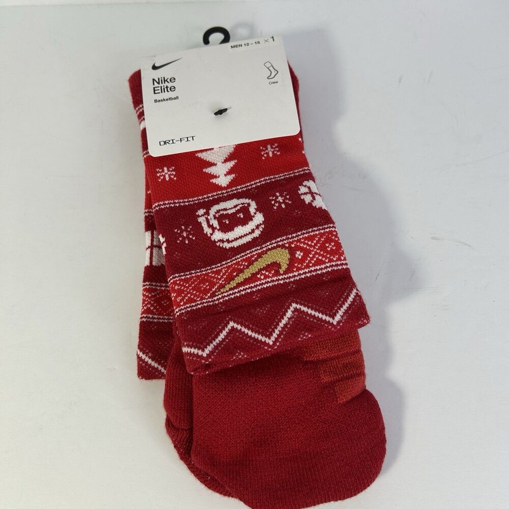 Nike Elite Basketball Dri Fit Ugly Christmas Crew Socks Red Men 12-15